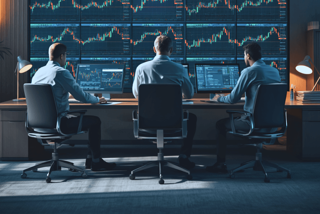 Three financial analysts sit at a long desk in a dim trading room, monitoring multiple monitors filled with stock charts and candlestick graphs.